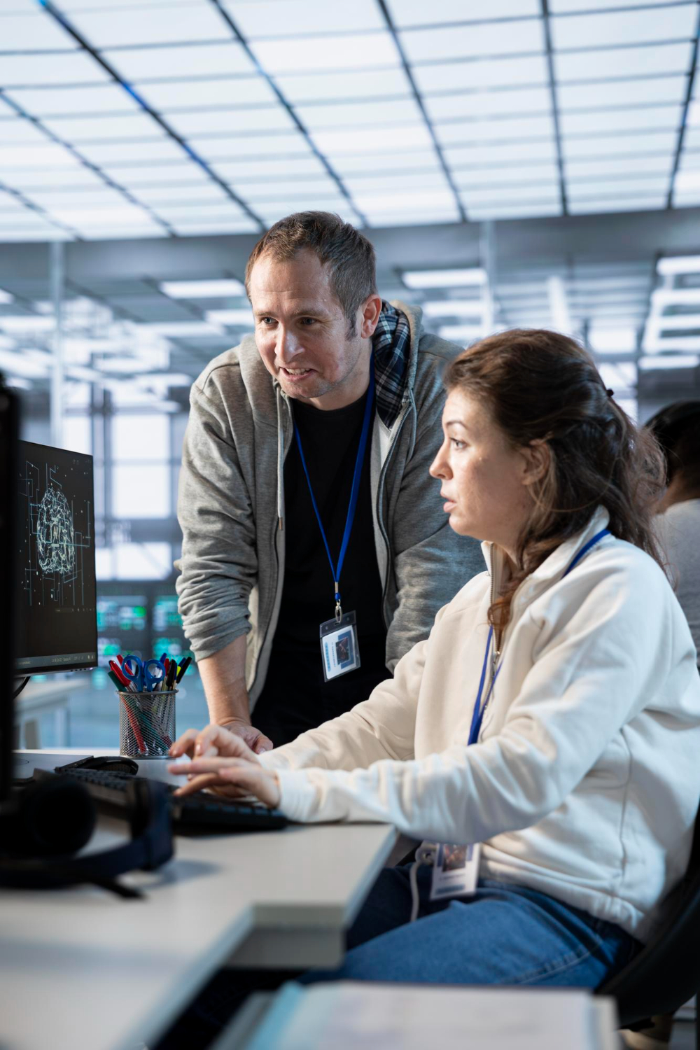 Two colleagues working together at a computer