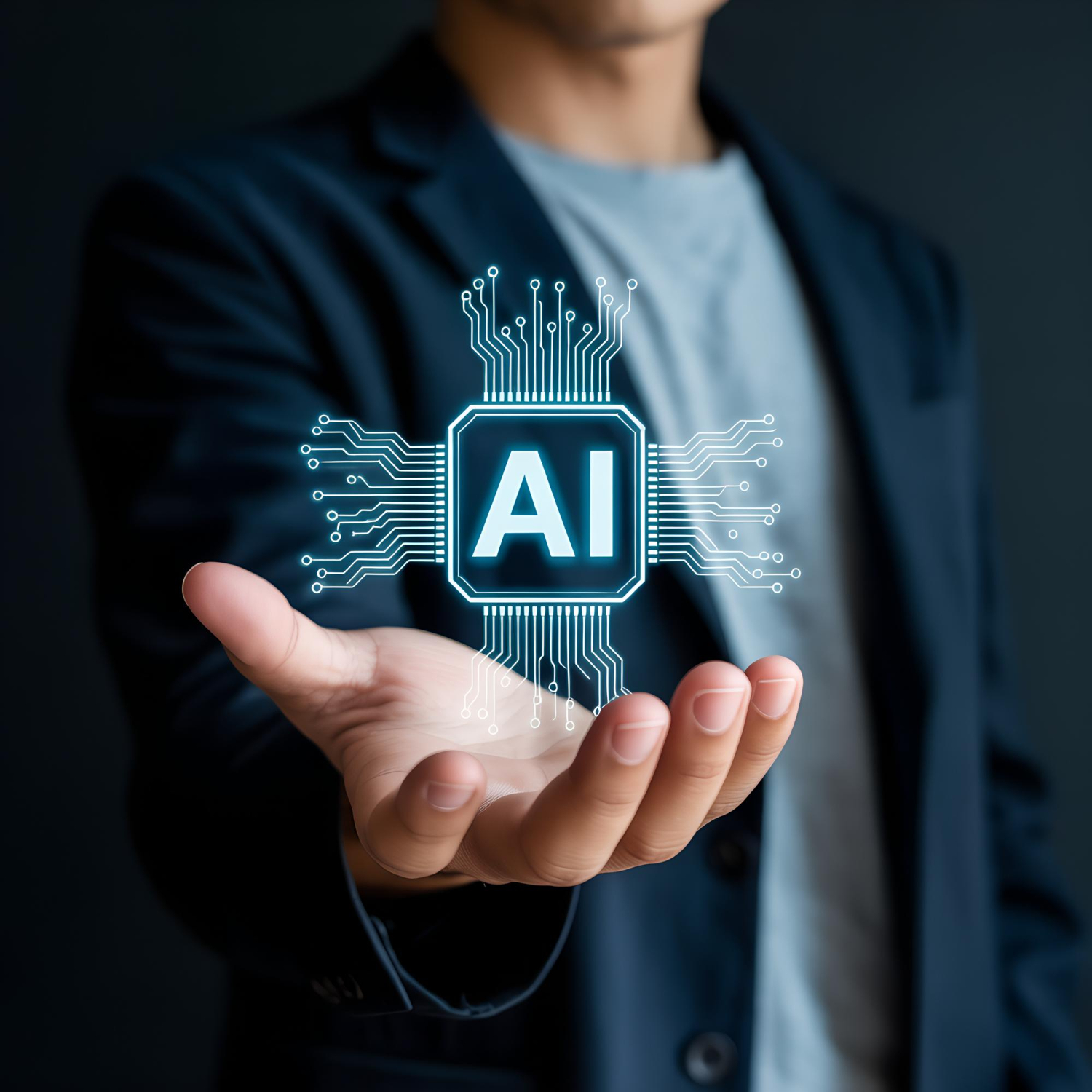 An open hand presenting a glowing AI chip illustration